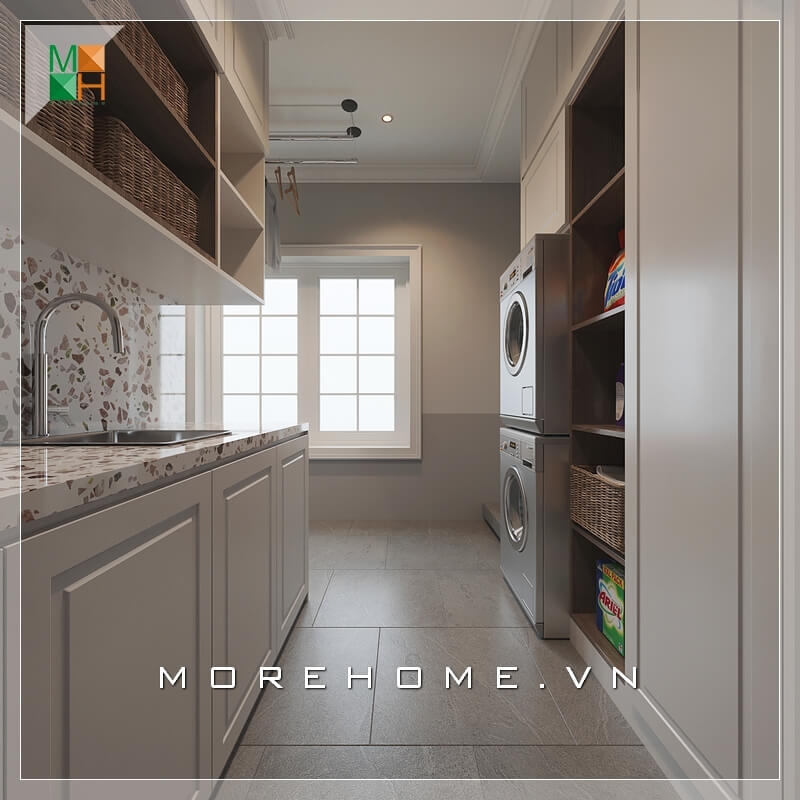 Thiết kế phòng bếp sử dụng nội thất màu trắng sạch sẽ bố trí theo phong cách hiện đại phù hợp cho căn hộ chung cư.